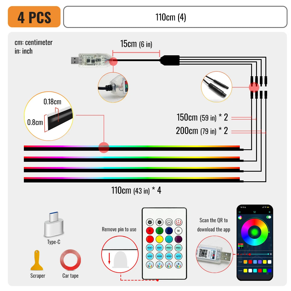 ערכת תאורת אווירה RGB לרכב עם סיבים אופטיים