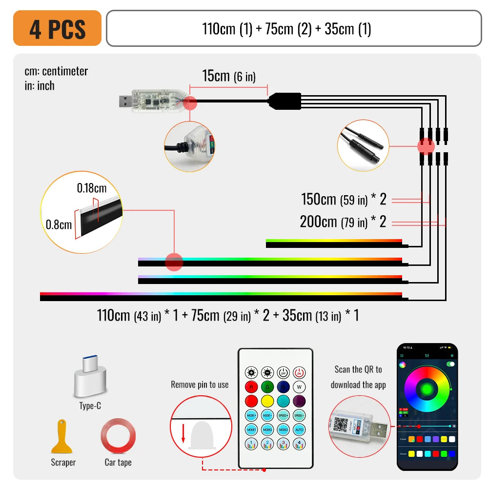 ערכת תאורת אווירה RGB לרכב עם סיבים אופטיים